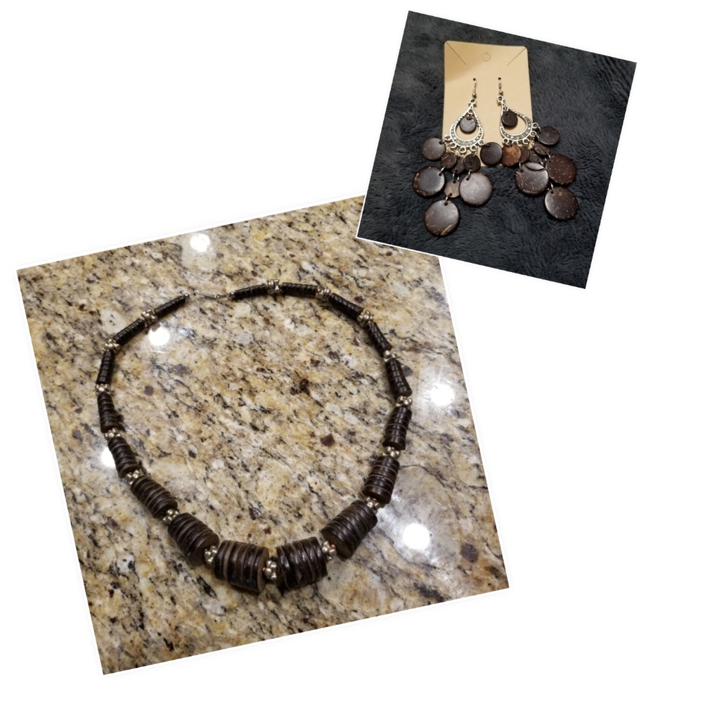 Vintage African Wooden Disc Beads Statement Necklace & Chandelier Earrings